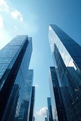 Panoramic view of futuristic glass skyscrapers in steel blue background,  steel blue,  downtown