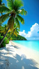 Fototapeta premium Scenic Caribbean beach with crystal clear turquoise waters, white sandy shores, and lush palm trees, palm trees, sandy shores
