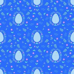 Easter pattern with soft blue eggs surrounded by flowers and leaves on a dark purple background
