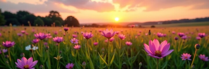 Obraz premium Scenic field flower meadow at sunset with pink and violet blooms in the countryside, beautiful, violet