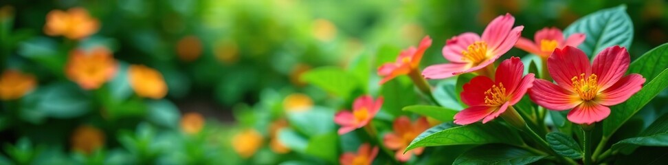 Fototapeta premium Vibrant blooming flowers and lush green foliage in Tanzania's botanical gardens, beautiful, vibrant