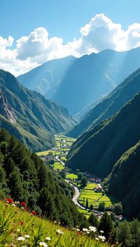 Lush green valleys surrounded by towering mountains in Sacred Valley, Cusco, Peru,  natural beauty,  South America
