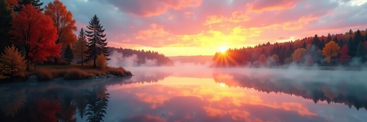 Scenic landscape of autumn sunrise in Finland with vibrant autumn colors, misty atmosphere, serene lake, and colorful trees reflecting in the water,  fall,  peaceful