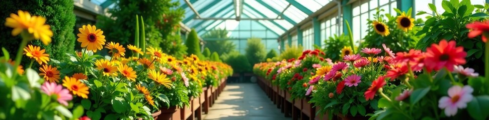 Vibrant blooms and lush greenery fill a colorful greenhouse,  abundance,  greenhouse