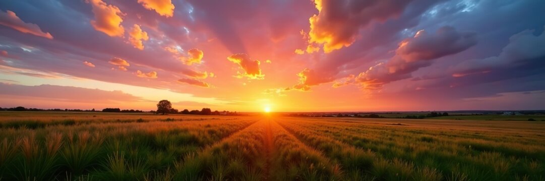 Vibrant 4K time-lapse of sunset over the field with rolling colorful clouds and stunning nature's light,  4K,  landscape