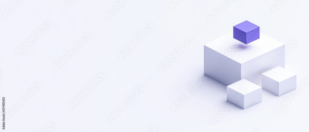 Poster 3d rendering of a white cube with a purple cube on top. the cube is placed on a plain white backgrou