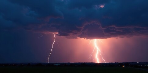 Stormy sky with dramatic lightning bolts at dusk,  flash,  dramatic