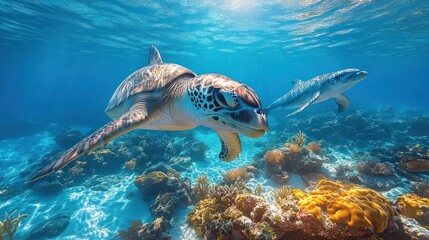 Fototapeta premium Underwater sea turtle and shark in coral reef