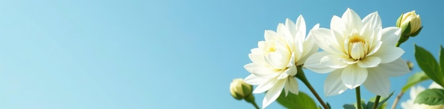 Lush white dahlia flowers and buds in full bloom with clear blue sky backdrop,  garden,  petal