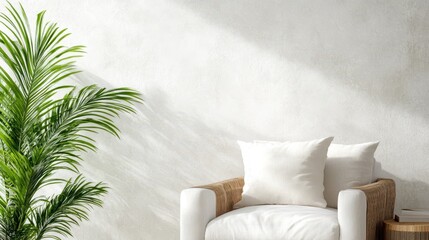 Fototapeta premium Serene Corner: A minimalist interior scene, with a plush armchair, soft pillows, and the gentle play of light and shadow, exuding a sense of calm and relaxation. 