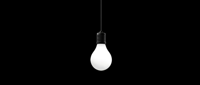 Black and white illustration of a light bulb hanging from a wire. the light bulb is in the center of the image and is white in color. it has a cylindrical shape with a pointed top and a flat base.
