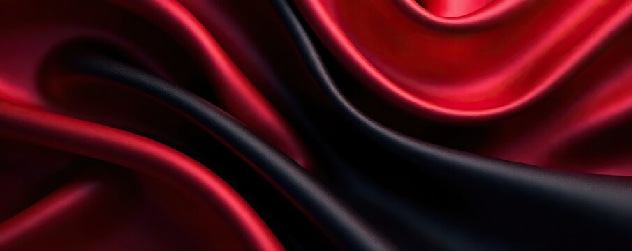 Luxurious black and red satin fabric with abstract patterns and soft waves, beautiful and shiny background, black,  silk