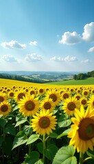 Obraz premium Vast agricultural field with blooming yellow sunflowers in summer countryside surrounded by rolling hills and blue sky, rural, landscape