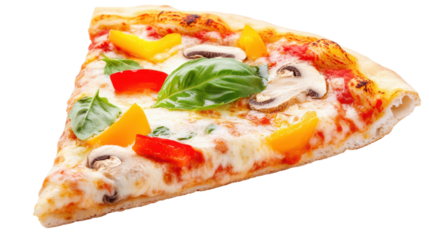 Slice of Delight: A mouthwatering slice of pizza is a delicious combination of vibrant colors and textures, with melted cheese, fresh toppings and aromatic herbs, ready to satisfy any appetite.