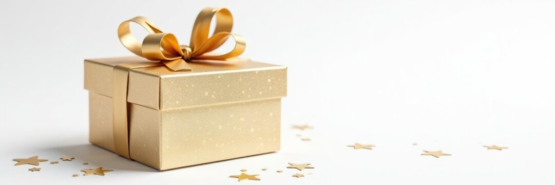 Luxurious gold and white gift box with glitter texture and metallic ribbon bow on white background with gold sparkles,  festive,  elegant