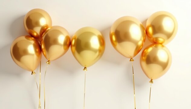Luxurious gold balloons shining against a clean white background,  shiny,  shiny