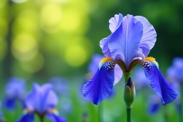 Vibrant blue iris flowers blooming in a garden during spring, iris,  blooming