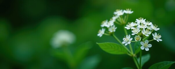 Macro shot of delicate white flowers of Black sambucus Sambucus nigra against a dark green background in a spring garden, selective focus, nature concept,  spring,  nature concept