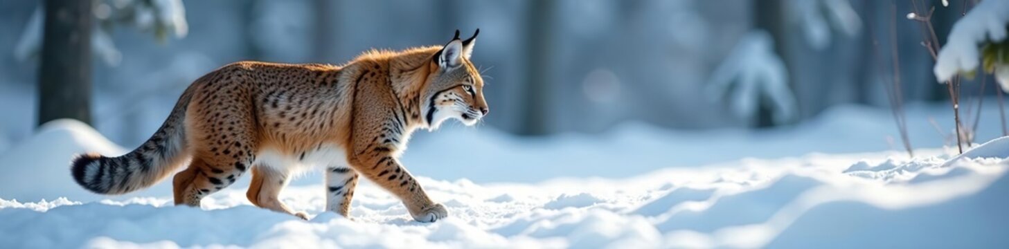 Lynx exploring snowy wilderness in winter habitat,  explore,  wildlife conservation