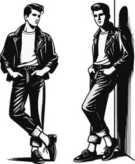 A black and white illustration shows two young men in a 1950s greaser style, wearing leather jackets, t-shirts, cuffed jeans, and loafers, in casual poses.
