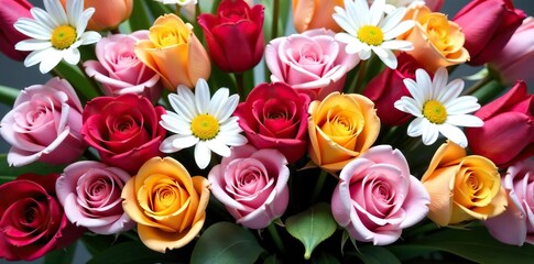 Vibrant bouquet of blooming flowers including roses, tulips, and daisies,  greenhouse, blooms