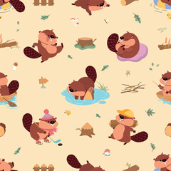 Beaver seamless pattern. Funny cartoon beavers, cute childish animals. Positive animals print for fabric, wrapping, wallpaper. Nature nowaday vector background