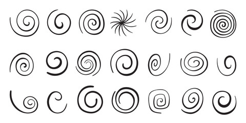 Doodle spiral set. Hand drawn spirals, isolated sketch whirlpool symbols. Different ink swirls elements, decorative neoteric vector collection