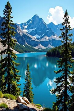 Scenic view of Lake Tahoe surrounded by lush forests and towering mountains,  mountains,  serene
