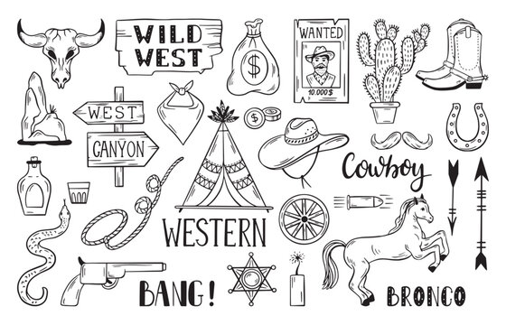 Wild west doodle. Cowboy accessories, hat and weapon. Western style elements, horse vigvam snake rope lasso. Horseshoe lucky symbol, neoteric vector set