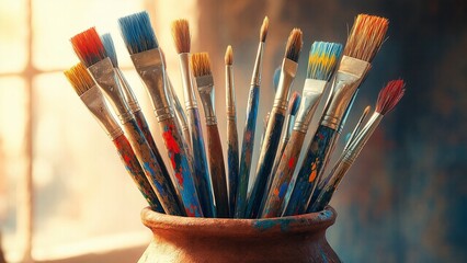Used painting brushes stand upright in an earthenware pot inside an art studio filled with soft light