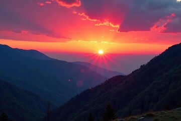 Orange and purple hues paint the sky above the Smoky Mountains as the sun sets behind the rolling hills,  sunset,  sky