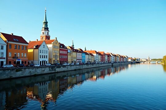 Scenic view of Myshkin city with colorful buildings along the riverbank under clear blue sky,  sights,  Myshkin