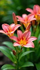 Fototapeta premium Vibrant Alstroemeria Peruvian lily flowers with pink, orange, and yellow petals blooming in a lush garden, petals, orange