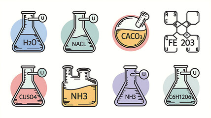 Colorful chemistry lab glassware with chemical formulas Educational science stock image