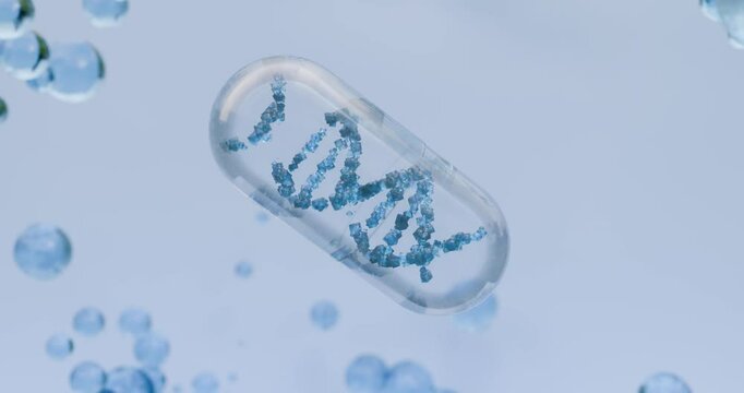 3D animation of a large, transparent capsule with a growing DNA strand, representing the concept of future medicine and modified genome. Biotechnology, human genome, laboratory research, and the genet