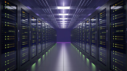 Modern server rack array high-tech data center interior illuminated equipment