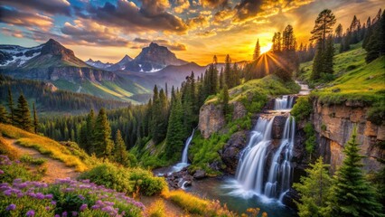 Serene Waterfall Cascading Down Rocky Cliffs at Sunset, Amidst Lush Evergreen Forest and Vibrant Wildflowers on a Mountain Trail