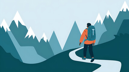 Adventurous hiker on mountain path serene landscape minimalist style