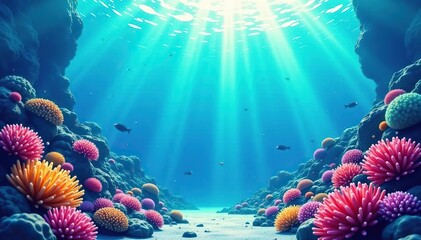 Vibrant and colorful anime style underwater landscape featuring coral reefs, sea creatures, and sun rays filtering through the water,  whimsical,  artistic