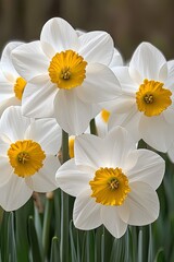 Bright white daffodils with yellow centers in soft pastel lighting over neutral background symbolizing clarity hope and peaceful transition in styled floral wall composition