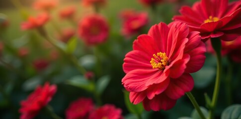 Vibrant close-up image of red flowers in full bloom,  macro,  vibrant