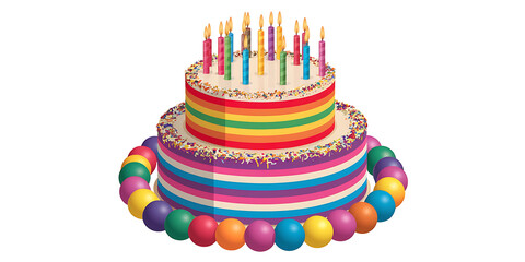 Colorful two-tiered birthday cake with rainbow stripes and candles surrounded by colorful balloons