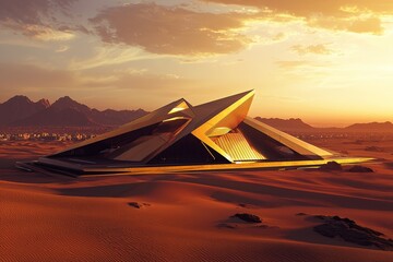 Fototapeta premium In the heart of Saudi Arabia, a state-of-the-art stadium was constructed, offering a view of the ancient Egyptian pyramids in the distance, with the remnants of ancient Greece as its backdrop