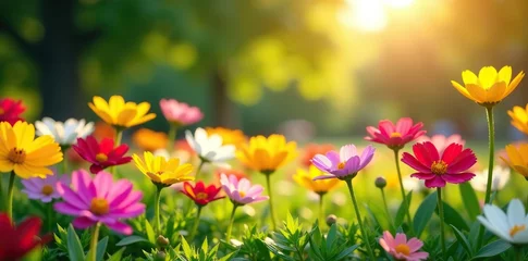 Vibrant and diverse array of fresh colorful flowers blooming in a park under the sunlight,  park,  nature