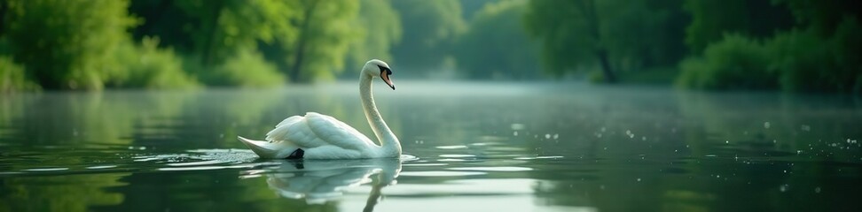 Fototapeta premium Tranquil lake with elegant swan gliding on water surrounded by lush greenery, tranquil, elegant