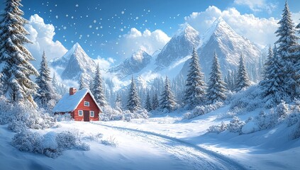 Fototapeta premium A cozy red cabin nestled in a snowy mountain landscape, with snowflakes gently falling. The scene is idyllic and peaceful.