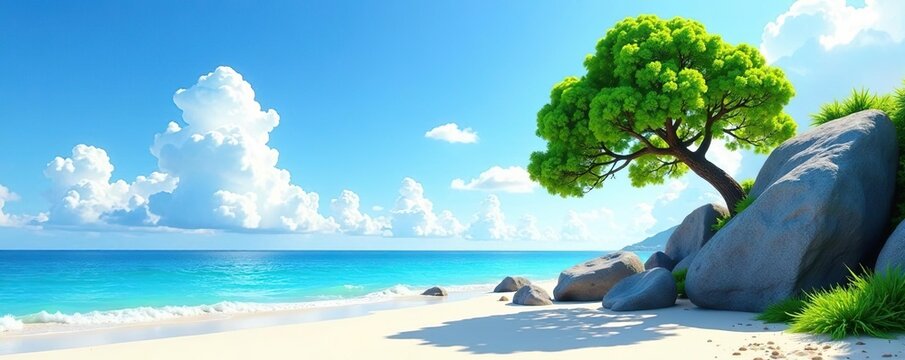Serene beach scene with green tree, blue sky, white clouds, large gray rock,  white clouds,  nature