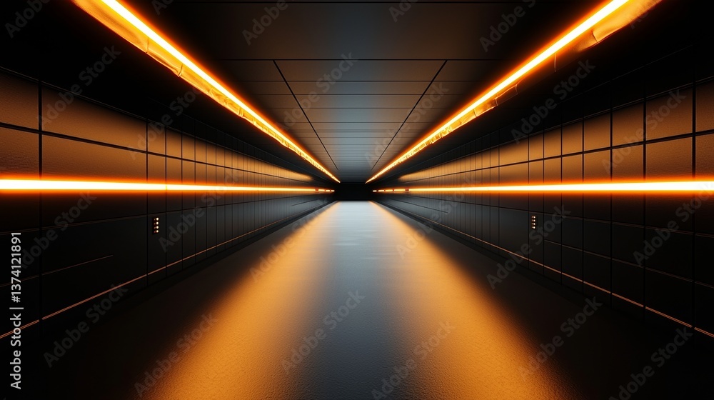 Poster a dark tunnel illuminated by neon sci fy lines, with reflections visible on both the floor and ceili