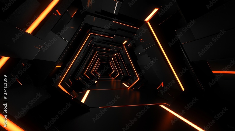 Poster a 3d rendering image depicts a dark tunnel with abstract glowing lines, reflections on the floor and
