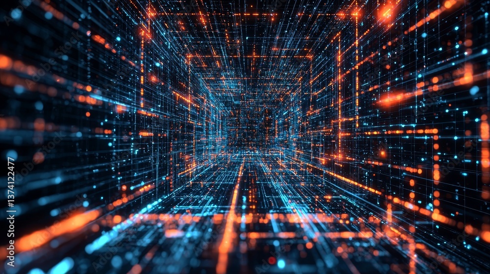 Poster a digital cyberspace with particles and network connections is illustrated in a 3d rendering, highli